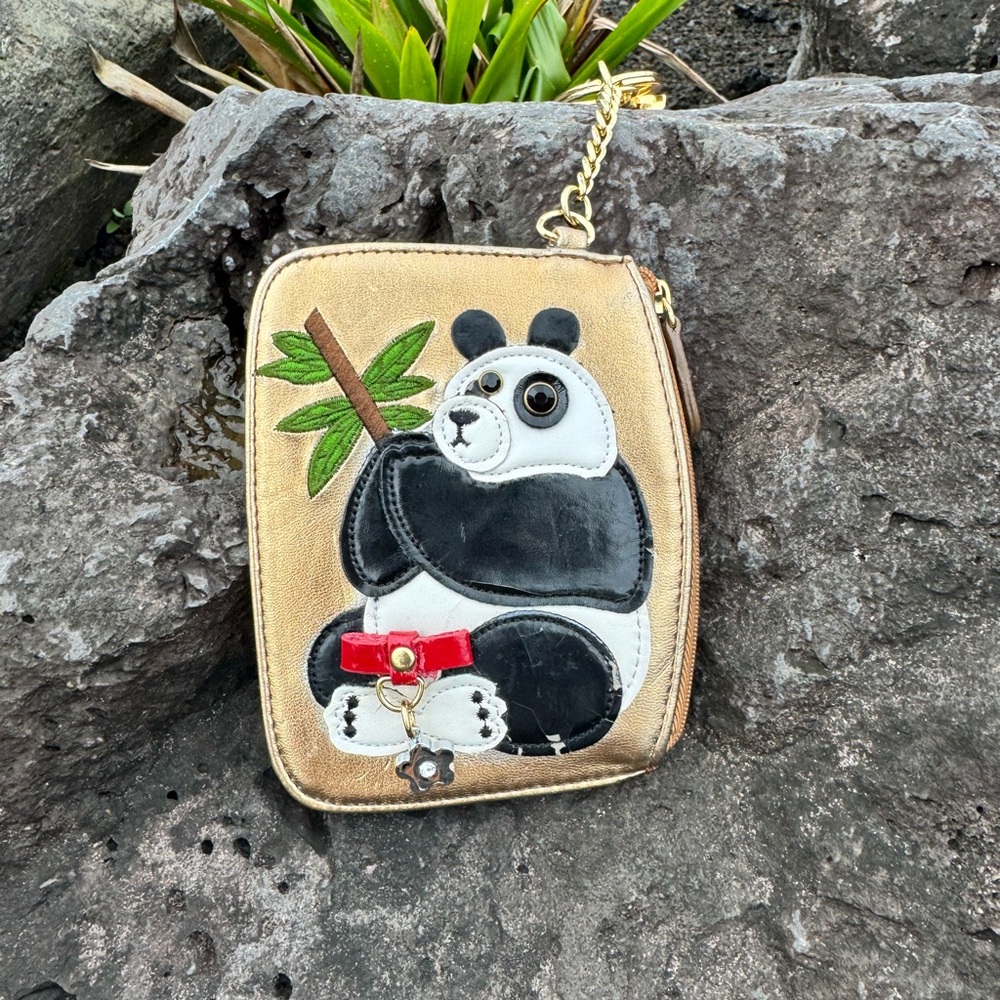 Sharif 1827 Panda Appliqué Coin Pouch Gold Leather Wristlet Keychain